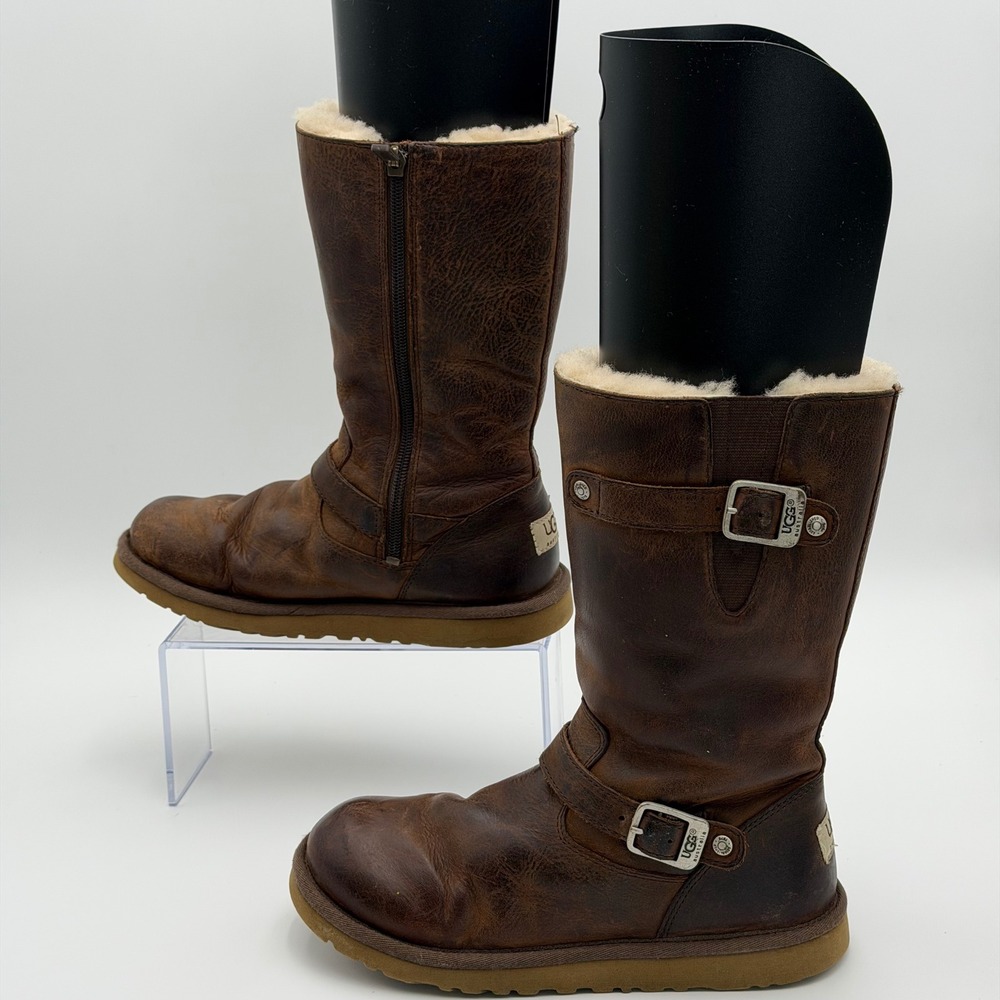 UGG Kensington Womens 5 Brown Leather Sheepskin Buckle Side Zip Moto Boots 1969